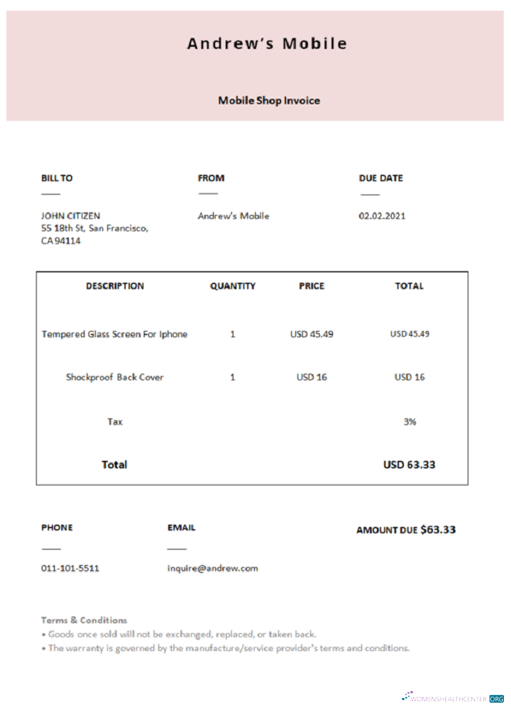 Download USA Andrew’s Mobile invoice Photoshop template